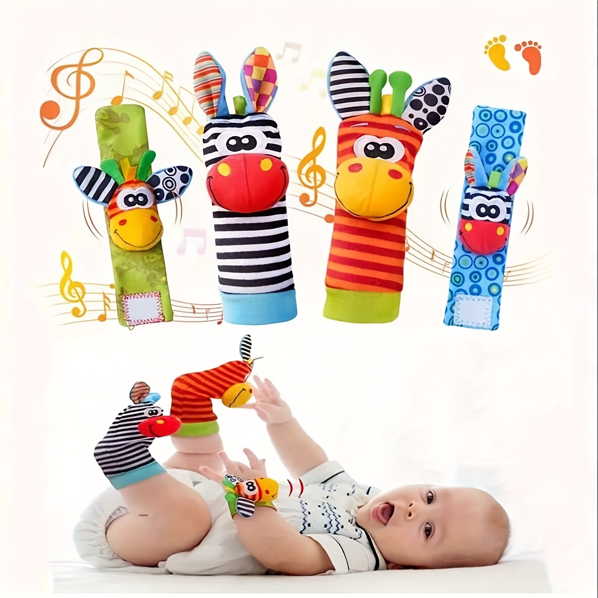 Baby Rattle Toy Set - 4-teiliges Set Baby-Handgelenkrasseln und Socken-Spielzeug 0-12